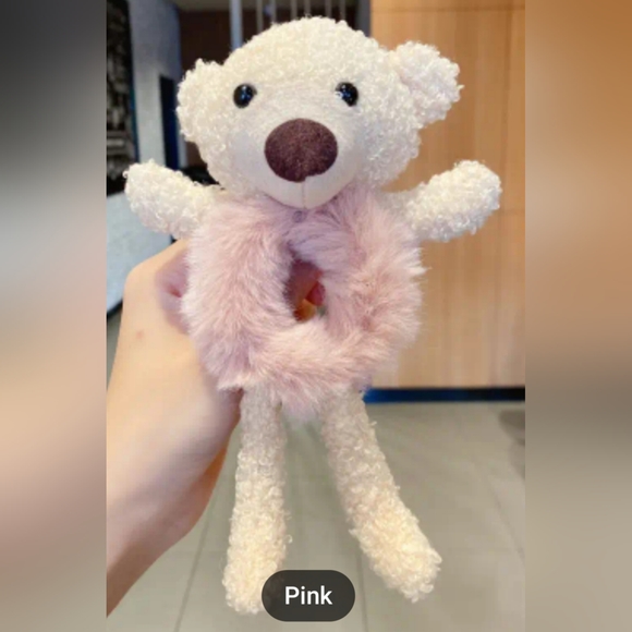Teddy Bear w Fur belly Hair Scrunchie - Pink - Picture 6 of 8